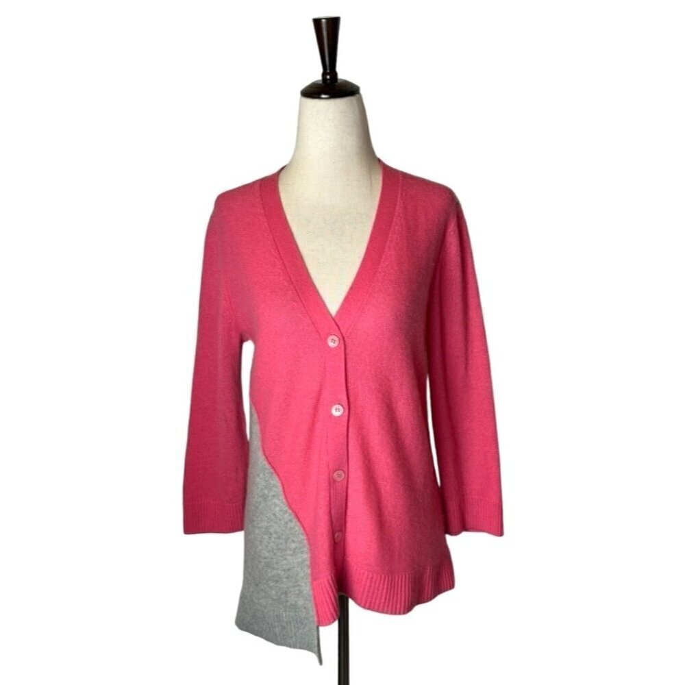 Magaschoni Sweater Womens Medium Pink Gray Knit Cashmere Asymmetric Hem Cardigan